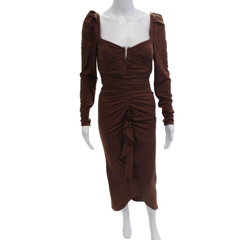 Self Portrait Womens Bodycon Midi Dress Brown Long Sleeve Square Neck Size 2